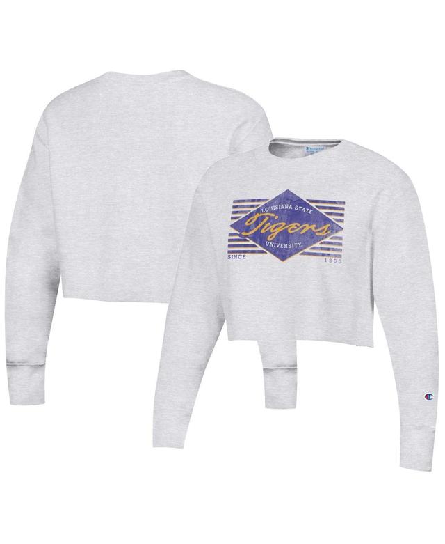 Womens Champion Heather Gray LSU Tigers Reverse WeaveCropped Pullover Sweatshirt Product Image