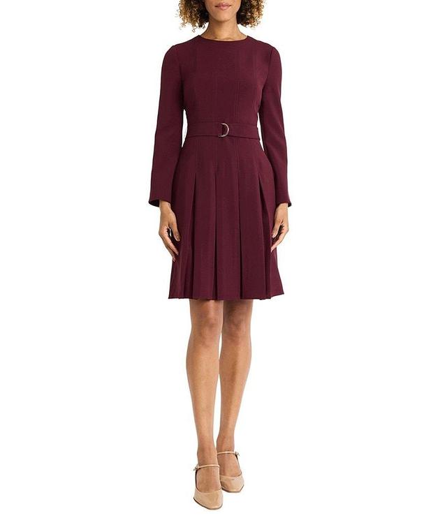 Maggy London Cross Hatchi Stretch Crew Neck Long Sleeve Pleated Dress Product Image