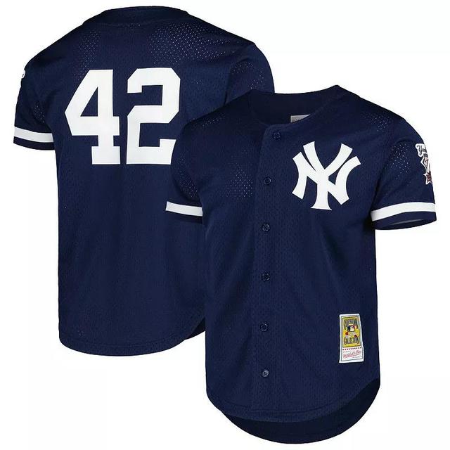 Mens Mitchell & Ness Mariano Rivera New York Yankees Cooperstown Collection Mesh Batting Practice Button-Up Jersey Blue Product Image