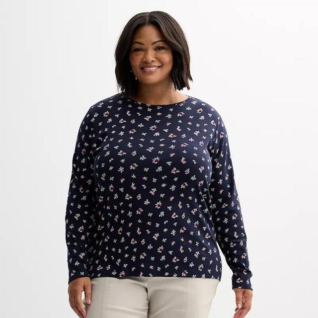 Plus Size Croft & Barrow Essential Crewneck Long Sleeve Tee, Womens Navy Night Red Product Image