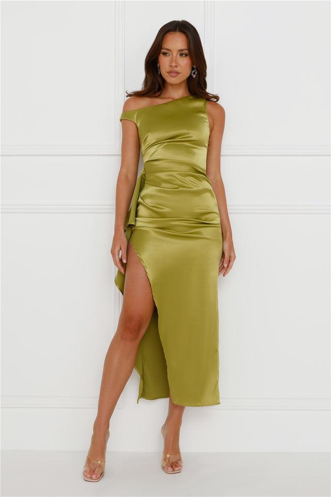 Lavinia Off Shoulder Satin Midi Dress Green Product Image