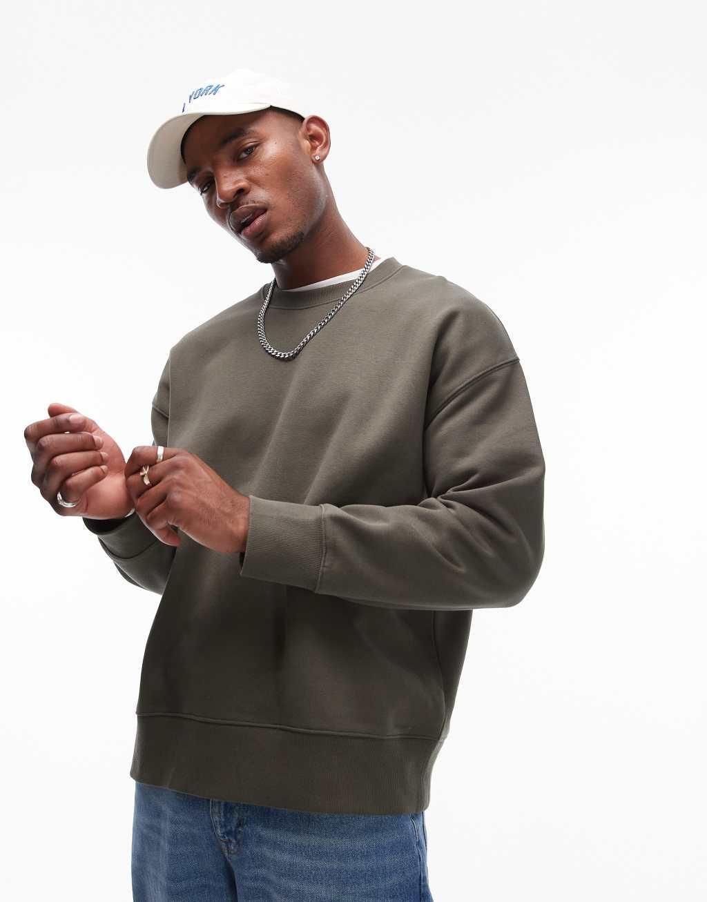 Topman premium heavyweight oversized sweatshirt in khaki Product Image