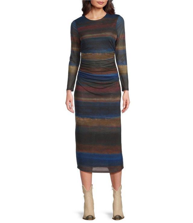 Reba Mesh Abstract Stripe Graphic Print Crew Neck Long Sleeve Ruched Bodycon Midi Dress Product Image