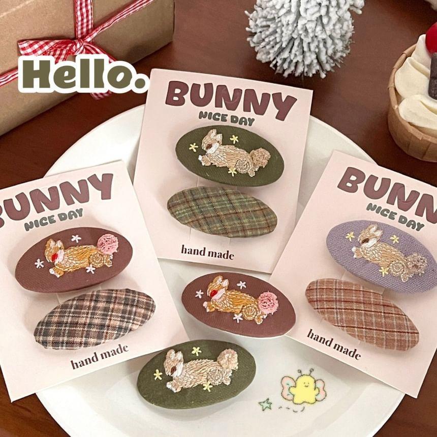 Set: Rabbit Embroidered Hair Clip + Plaid Hair Clip Product Image