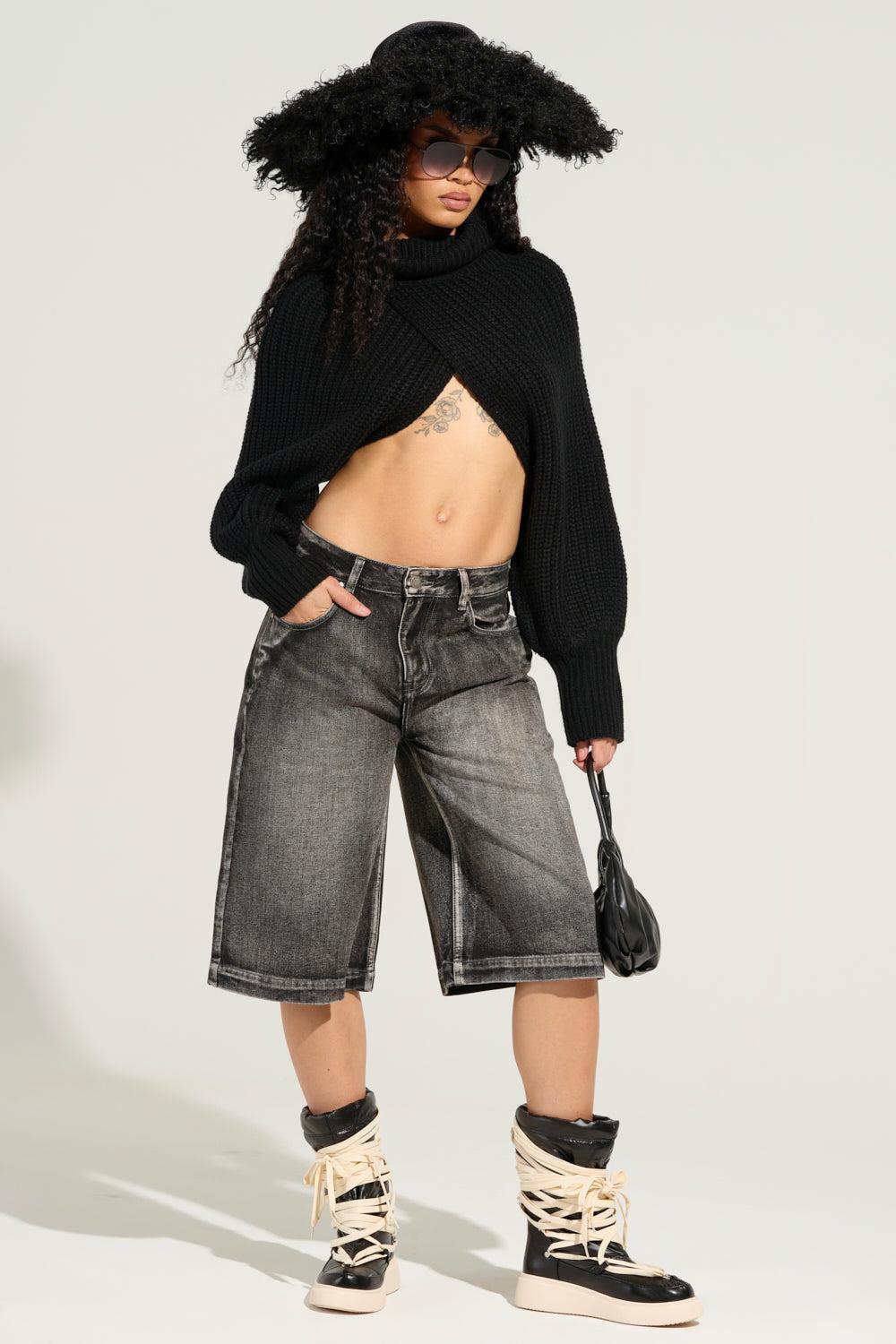 LITERAL PERFECTION BLACK DENIM BERMUDA SHORTS Product Image