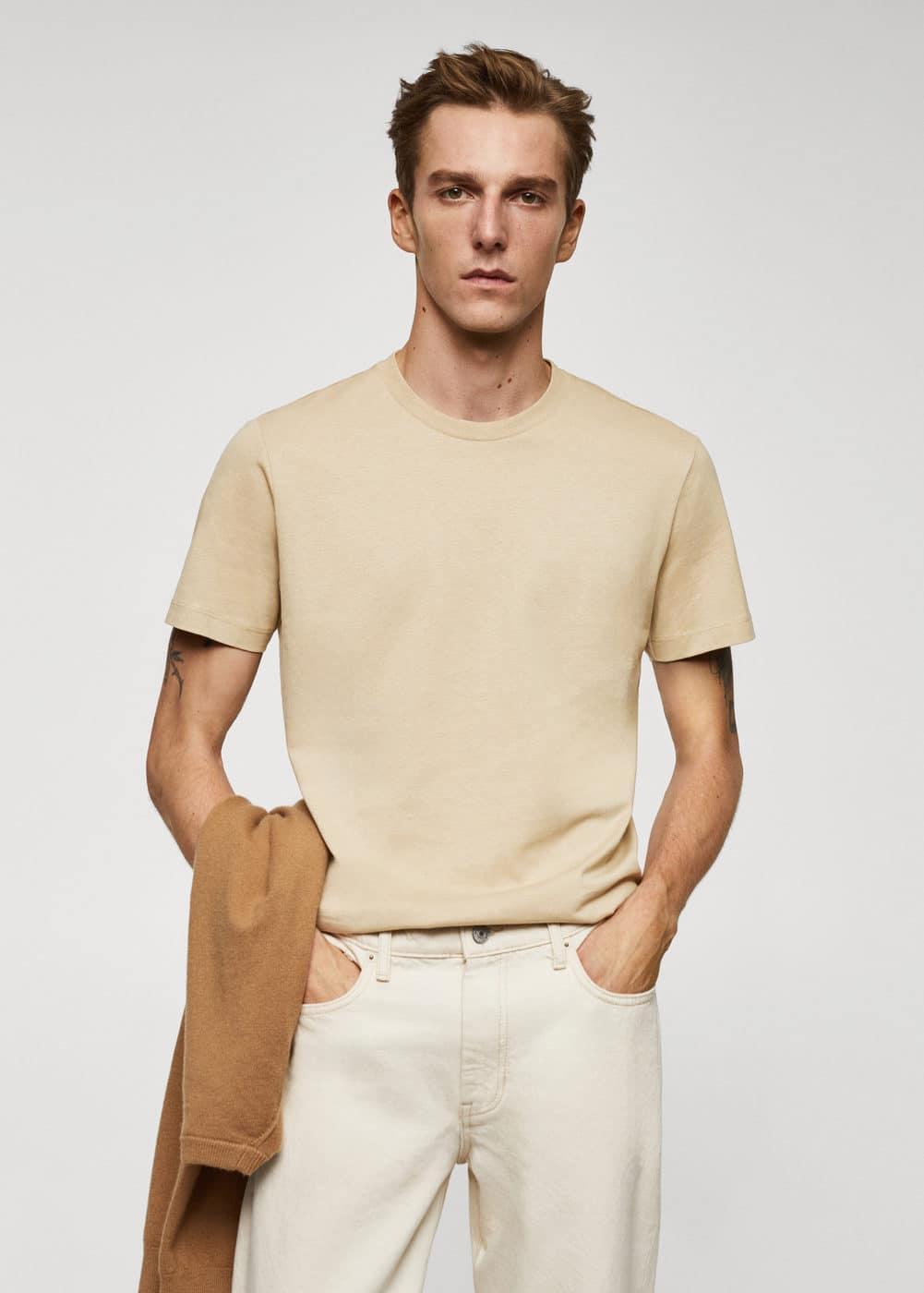 MANGO MAN - Basic cotton stretch T-shirt beigeMen Product Image