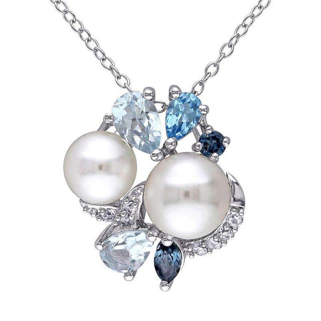 Stella Grace Sterling Silver Blue Topaz, Lab-Created White Sapphire & Freshwater Cultured Pearl Pendant, Womens Multicolor Product Image