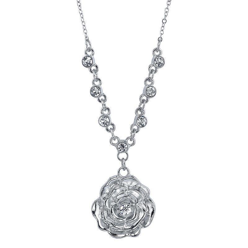 1928 Simulated Crystal Rosette Necklace, Womens Silver Tone Product Image