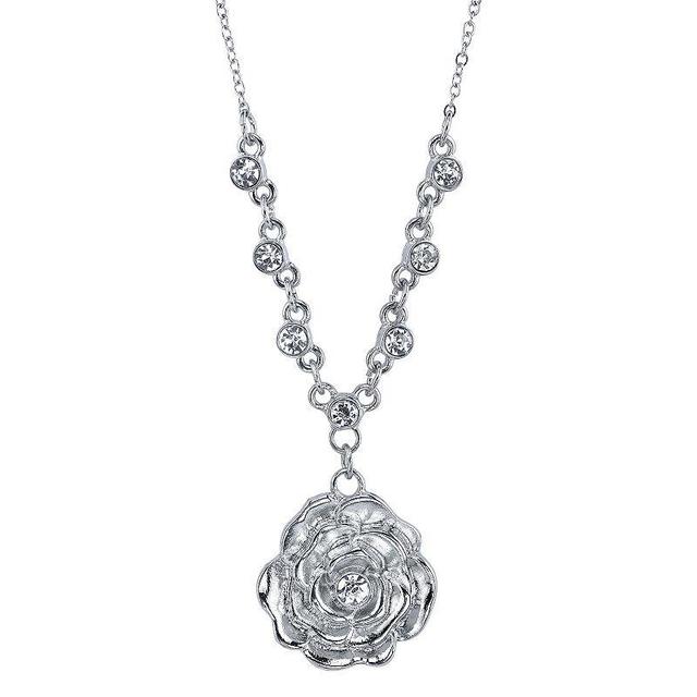 1928 Simulated Crystal Rosette Necklace, Womens Silver Tone Product Image