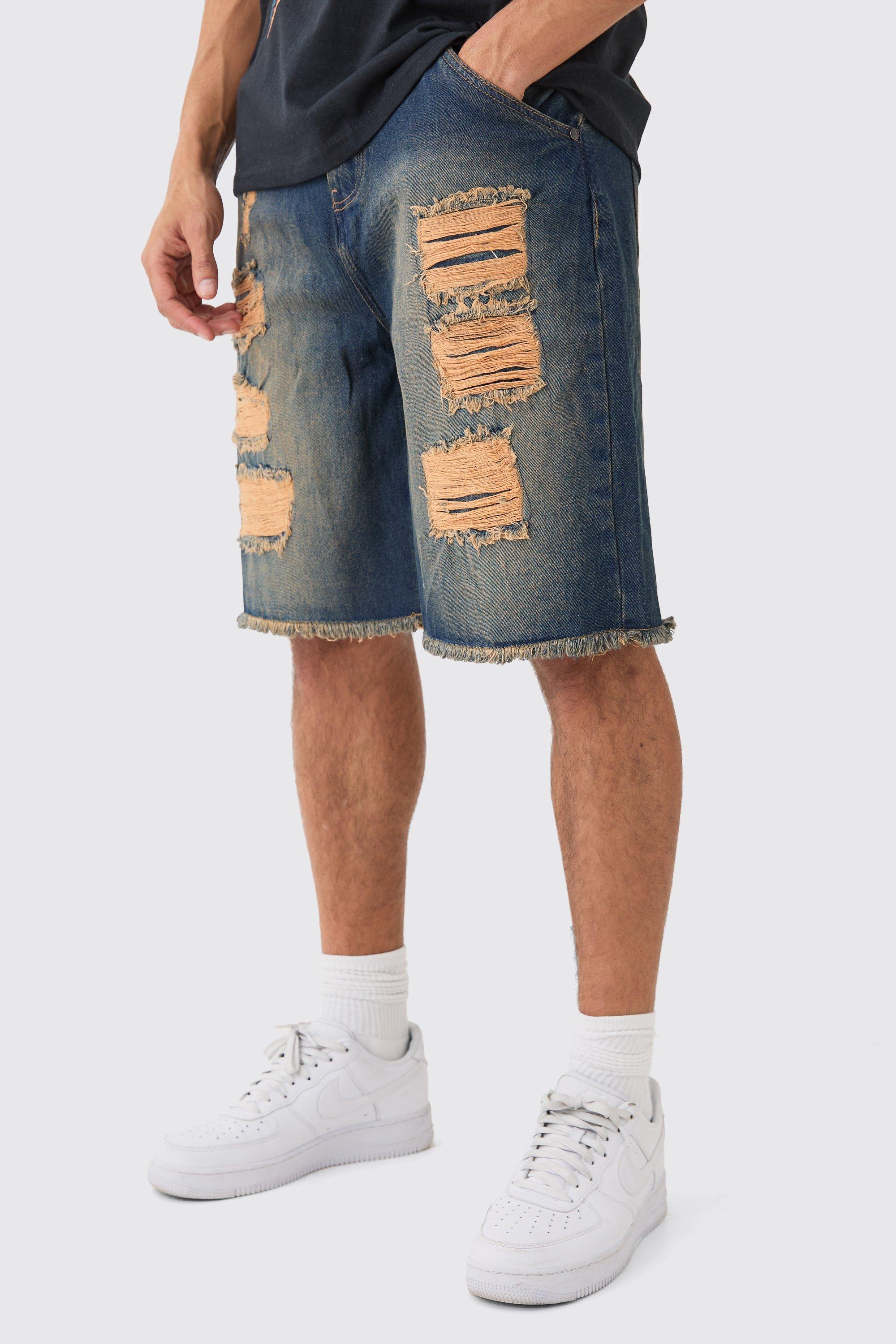 Relaxed Rigid All Over Rips Denim Jorts In Vintage Blue | boohooMAN USA Product Image