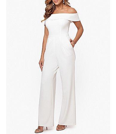 XSCAPE Over-the-Shoulder Scuba Crepe Jumpsuit (Ivory) Women's Jumpsuit & Rompers One Piece Product Image