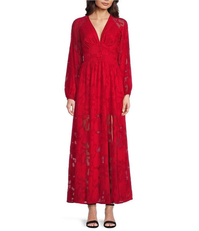 Layered With Love Alona Burnout Jacquard V-Neck Long Sleeve Button Front Side Slit Maxi Dress Product Image