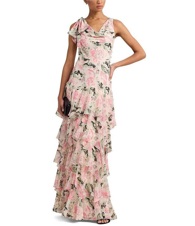 Lauren Ralph Lauren Floral Crinkle Georgette Cowl Neck Sleeveless Tiered Gown Product Image