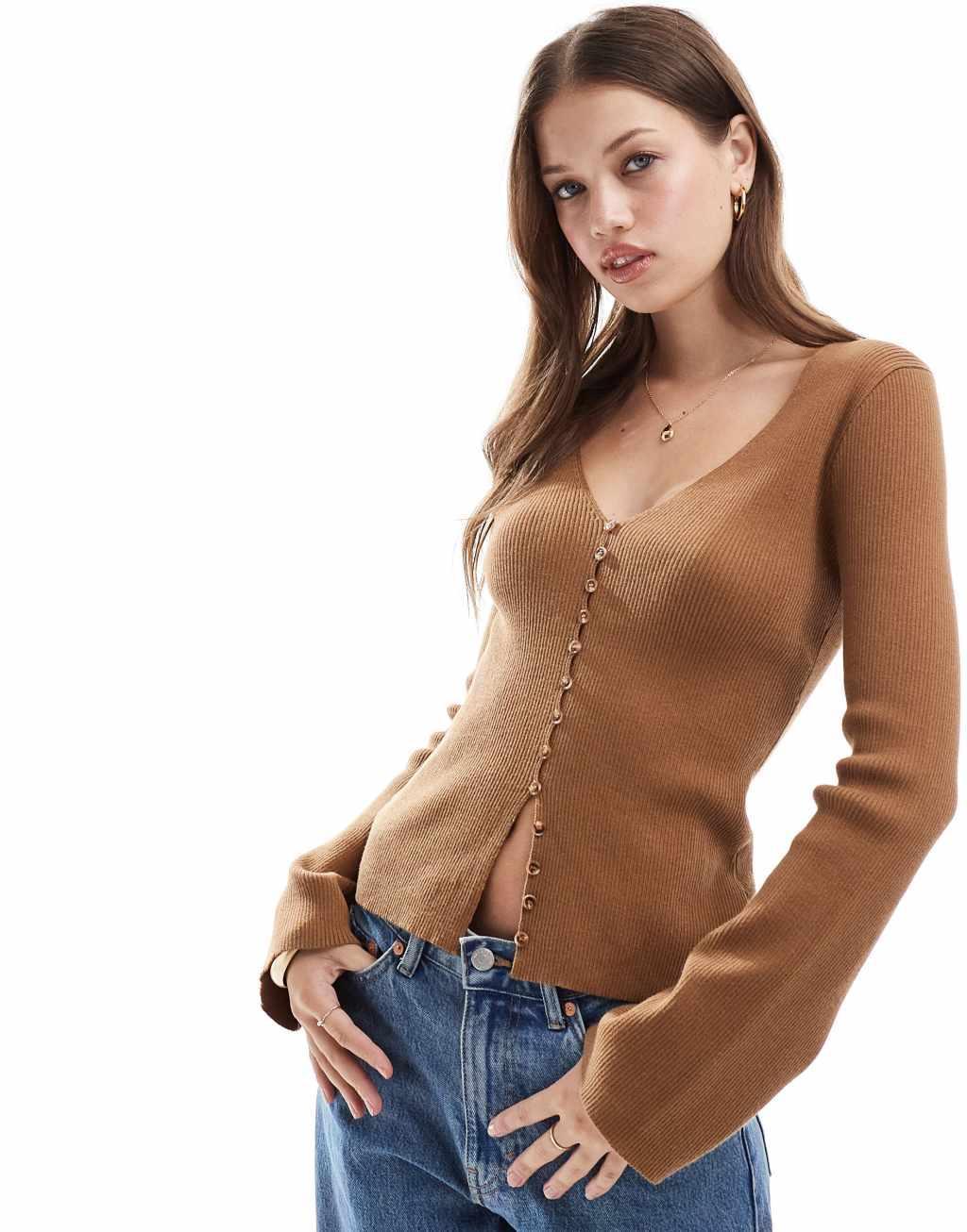 Pretty Lavish button front fitted cardigan in ginger Product Image