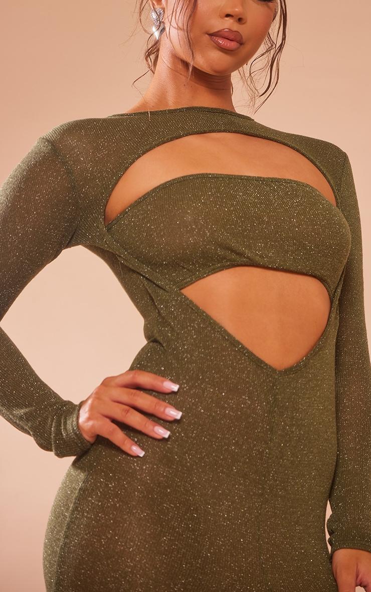 Khaki Sheer Glitter Long Sleeve Cut Out Maxi Dress Product Image