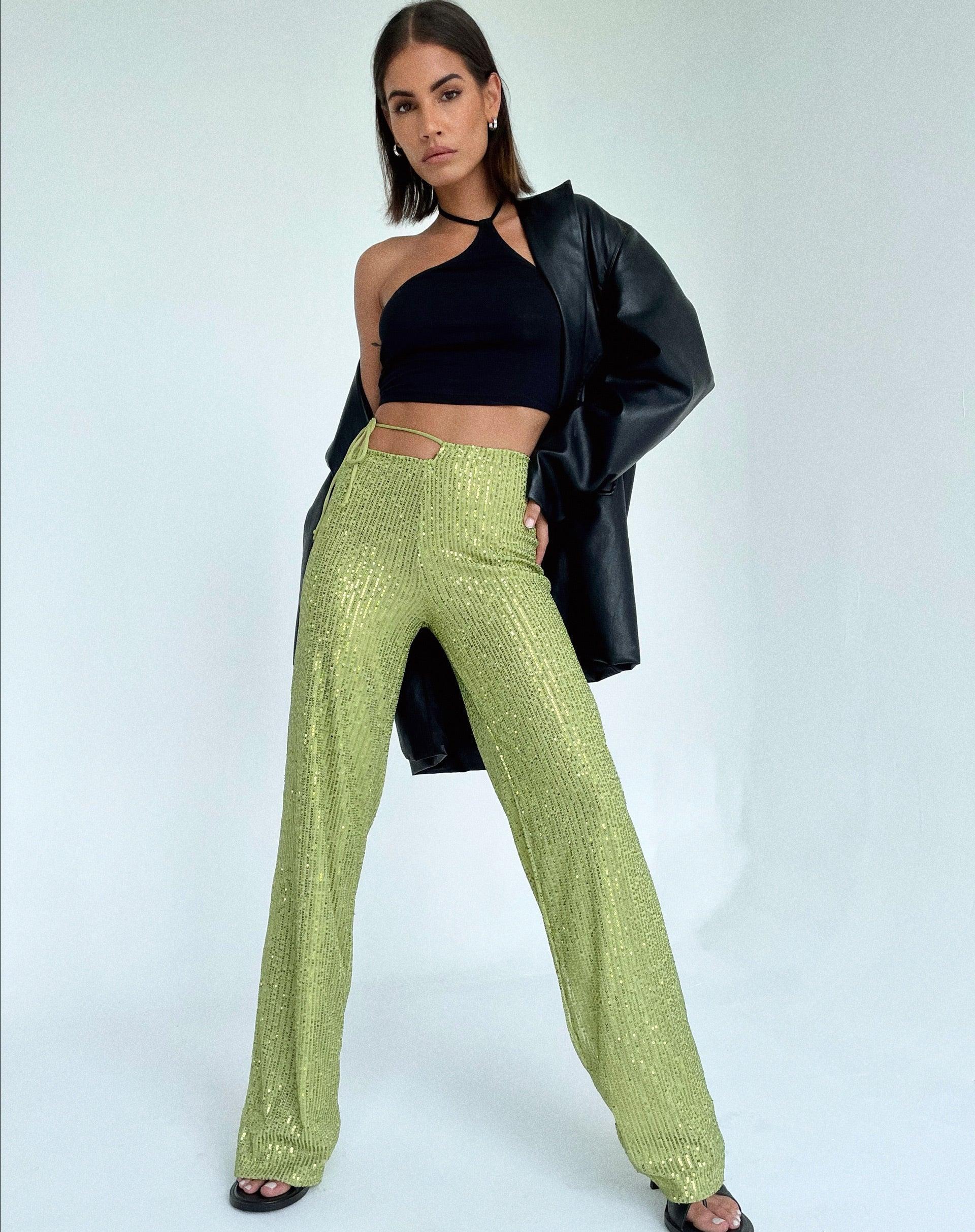 Sanju Trouser in Drape Sequin Lime Green Product Image