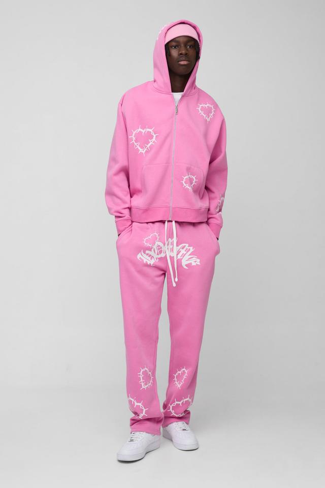 Oversized Boxy Zip Through Heart Print Zip Through Tracksuit | boohooMAN USA Product Image