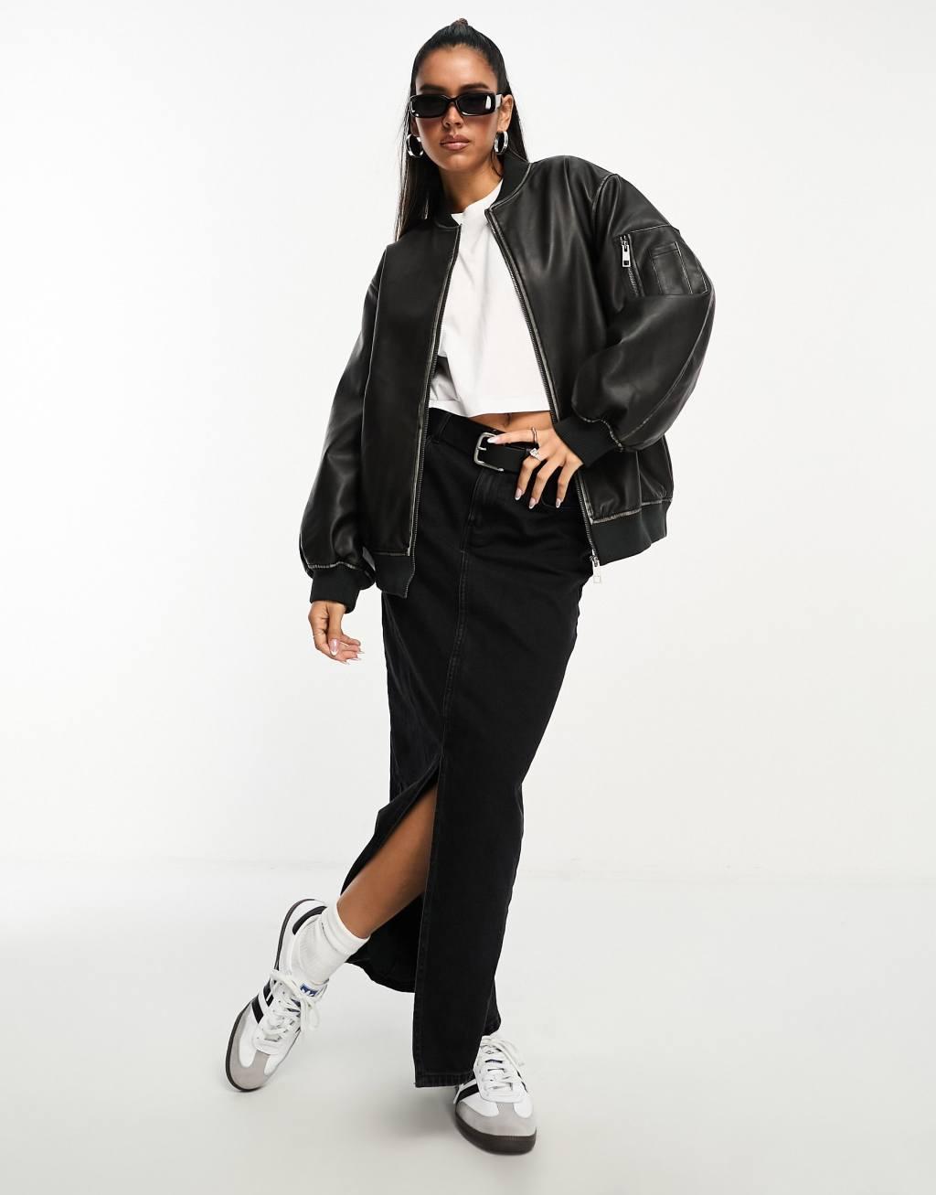 ASOS DESIGN washed faux leather bomber jacket in black Product Image