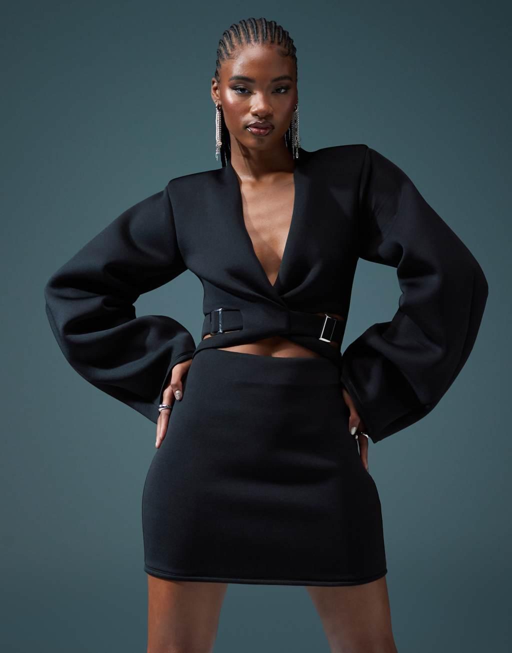 ASOS DESIGN scuba over under belted detail micro mini dress with oversized sleeve in black Product Image