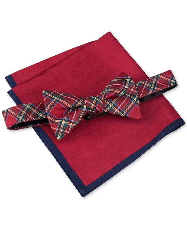 Tommy Hilfiger Mens Royal Plaid Bow Tie & Solid Pocket Square Set Product Image