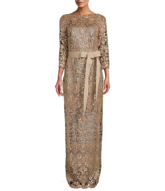 Tadashi Shoji Boat Neck 3/4 Sleeve Sequin Lace Illusion Ribbon Belt Gown Product Image