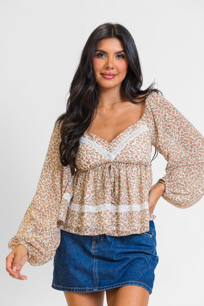 In My Dreams Ivory and Brown Lace Trim Floral Blouse Product Image