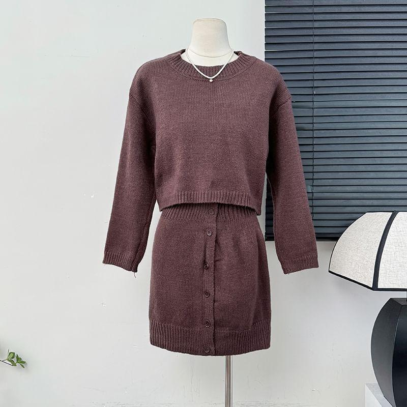 Set: Loose-Fit Cropped Sweater + Button-Up Mini Pencil Skirt Product Image