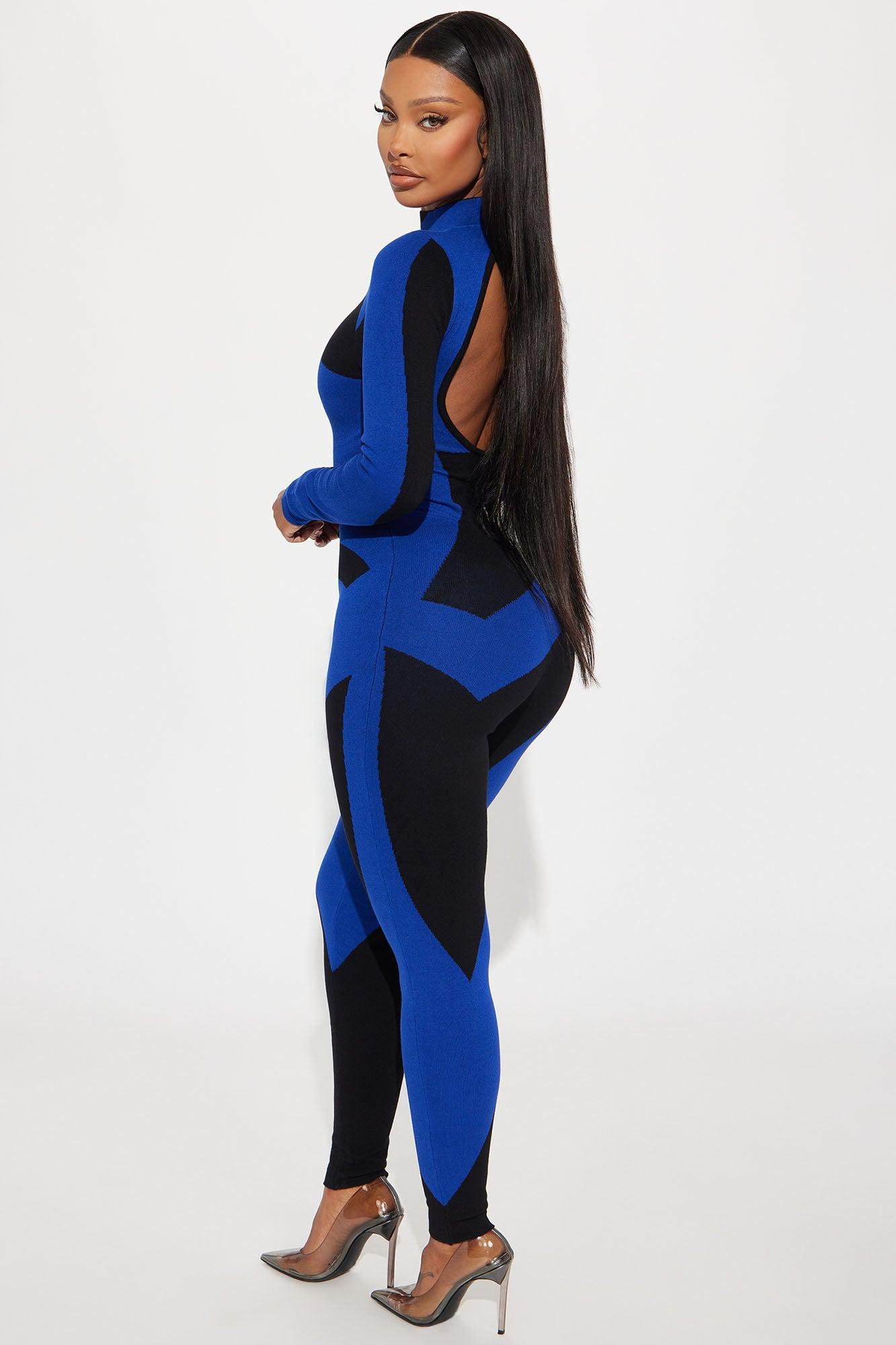 Abstract Long Sleeve Sweater Jumpsuit - Royal/combo Product Image