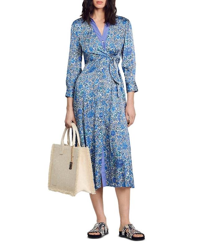 Sandro Satin Floral Wrap Midi Shirt Dress Product Image