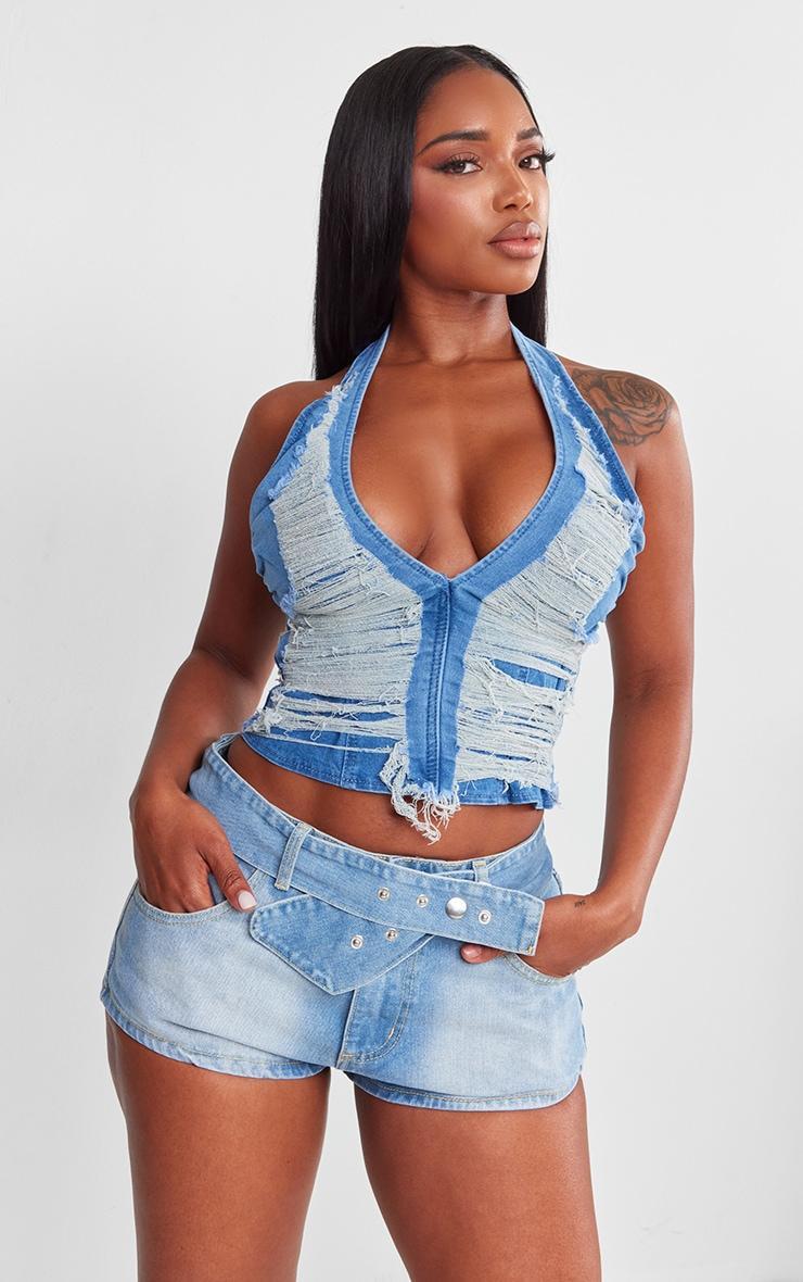 Shape Light Blue Denim Belted Low Rise Shorts Product Image