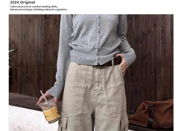 High Waist Plain Wide Leg Cargo Pants Product Image