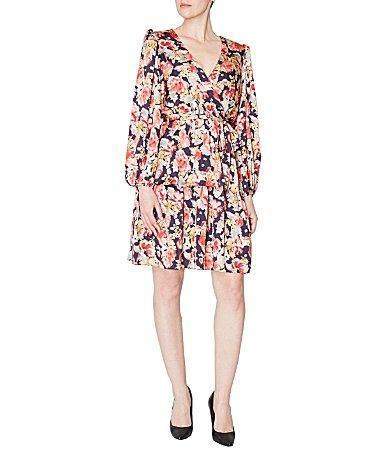 Julia Jordan Satin Floral Surplice V-Neckline Long Sleeve Dress Product Image