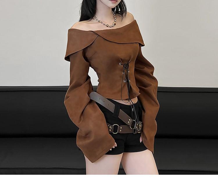 Long-Sleeve Off Shoulder Lace-Up Crop Top Product Image