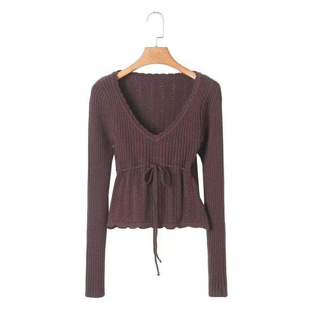 Long-Sleeve V-Neck Plain Drawstring Perforated Crop Knit Top Product Image