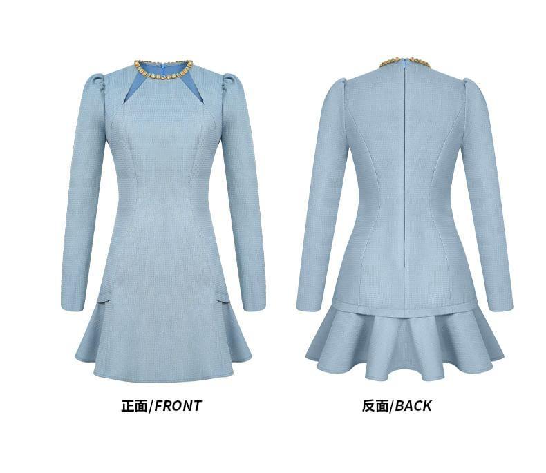 Long-Sleeve Round Neck Plain Cutout Rhinestone Mini A-Line Dress Product Image