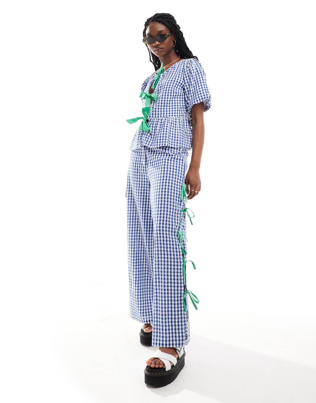 Neon Rose gingham and bow detail wide leg pants in blue and green - part of a set product image