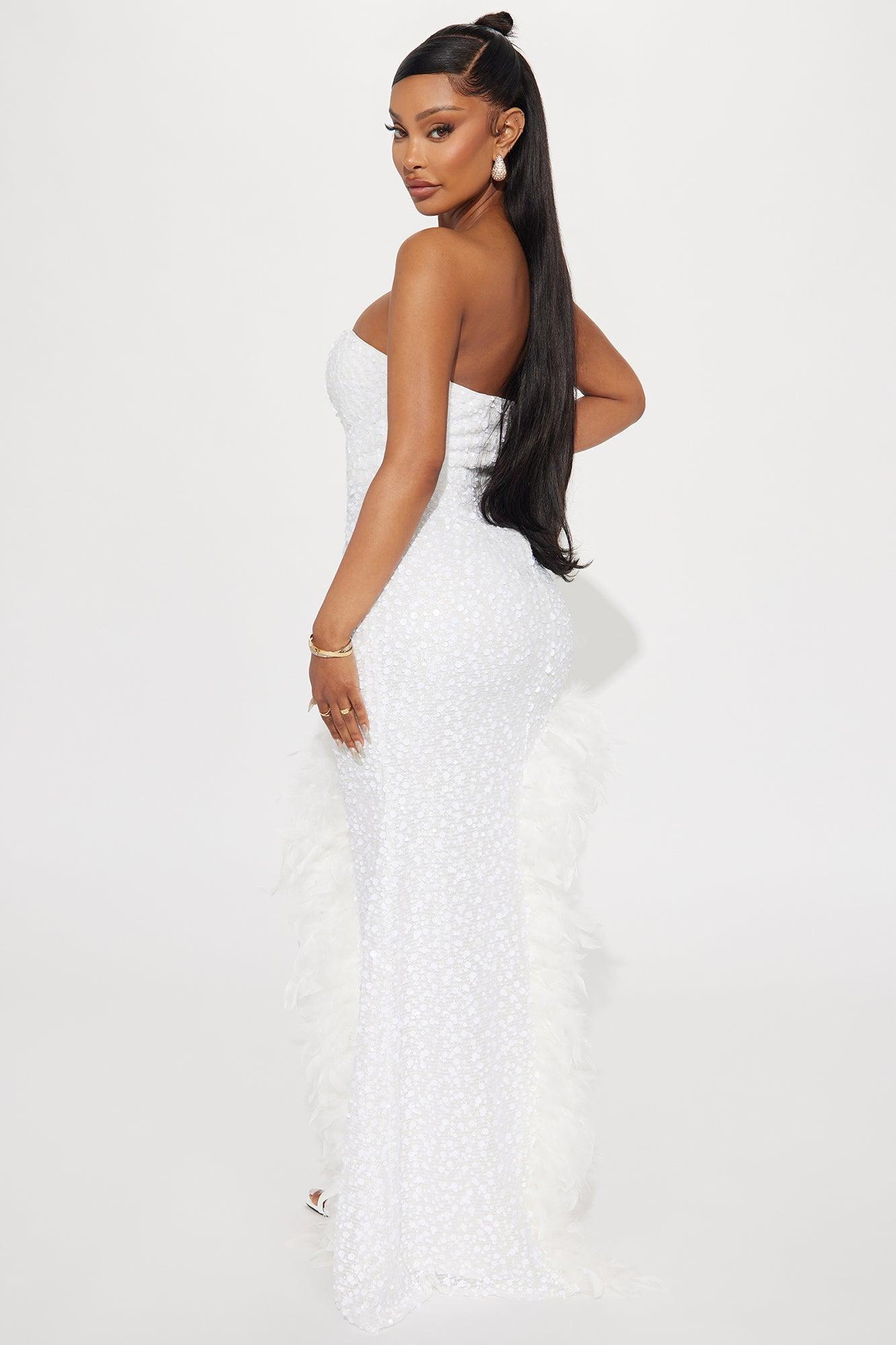 Sweetheart Sequin Feathered Maxi Dress - White Product Image