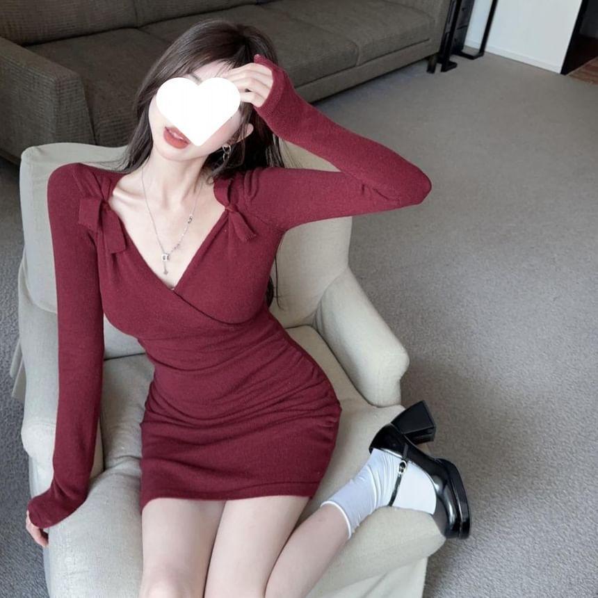 Long-Sleeve V-Neck Plain Knit Mini Bodycon Dress Product Image