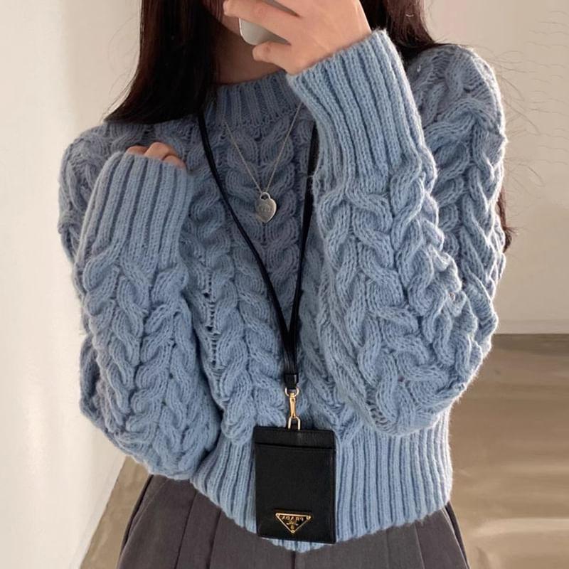 Crew Neck Plain Cable-Knit Cropped Sweater Product Image