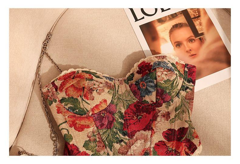 Floral Print Lace Trim Bustier Tube Top Product Image