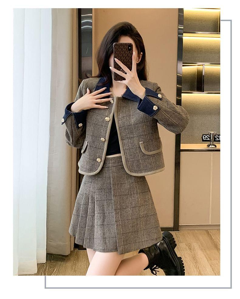 Set: Denim Collar Plaid Button-Up Jacket + High Rise Pleated Mini A-Line Skirt Product Image