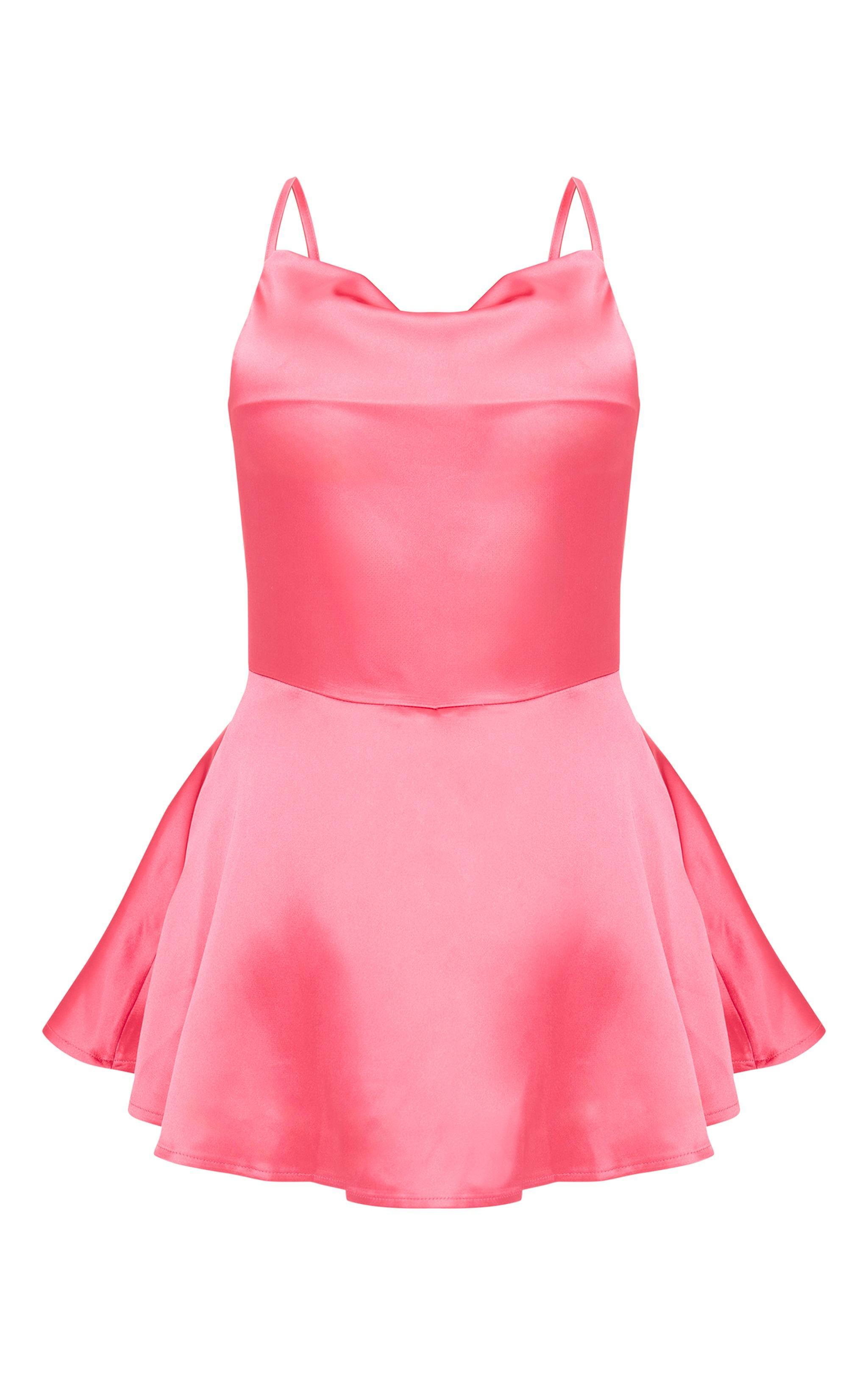 Bubblegum Pink Satin Cowl Neck Lace Up Back Skort Romper Product Image