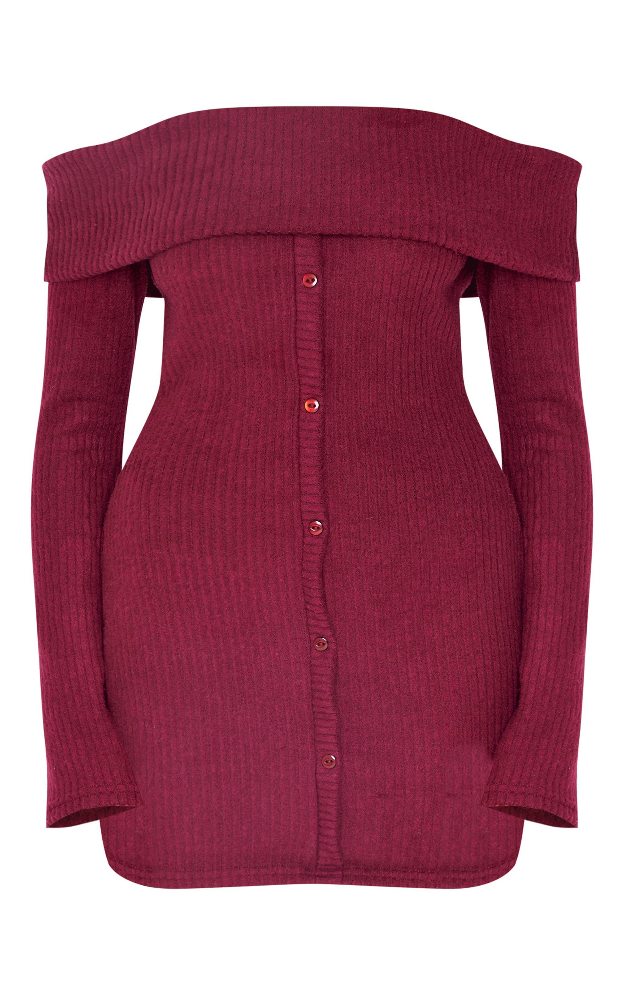 Burgundy Brushed Rib Button Down Bodycon Dress Product Image