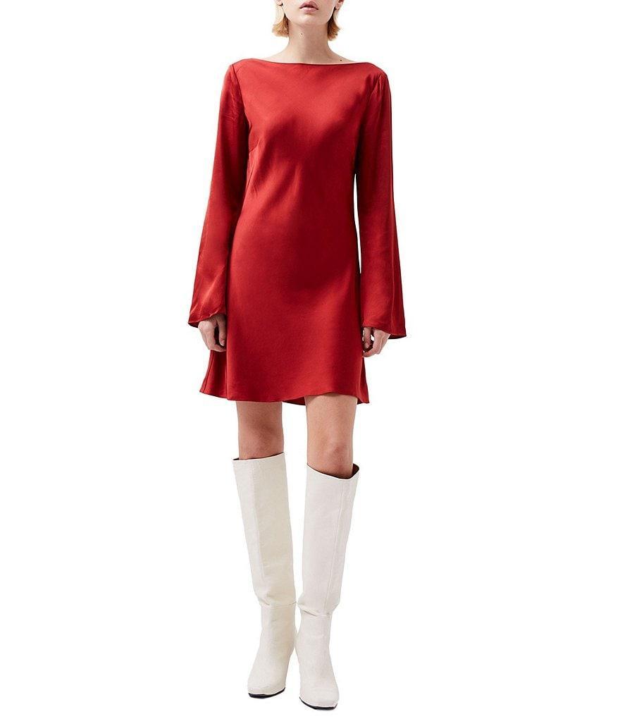 French Connection Ennis Satin Boat Neck Long Sleeve Mini Dress Product Image