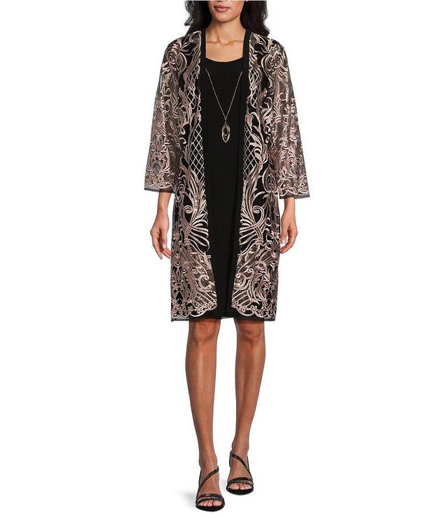 R & M Richards Embroidered Mesh Contrast Round Neck 3/4 Sleeve 2-Piece Duster Jacket Dress Product Image