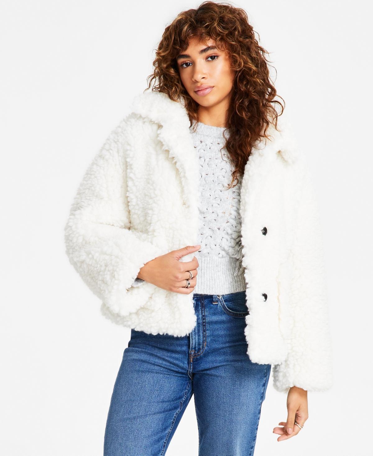 DKNY Short Sherpa Notch Lapel Long Sleeve Button Front Jacket Product Image