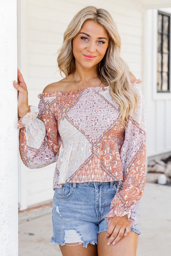 Saddle Up With Me Camel Patch Print Off The Shoulder Blouse FINAL SALE Product Image