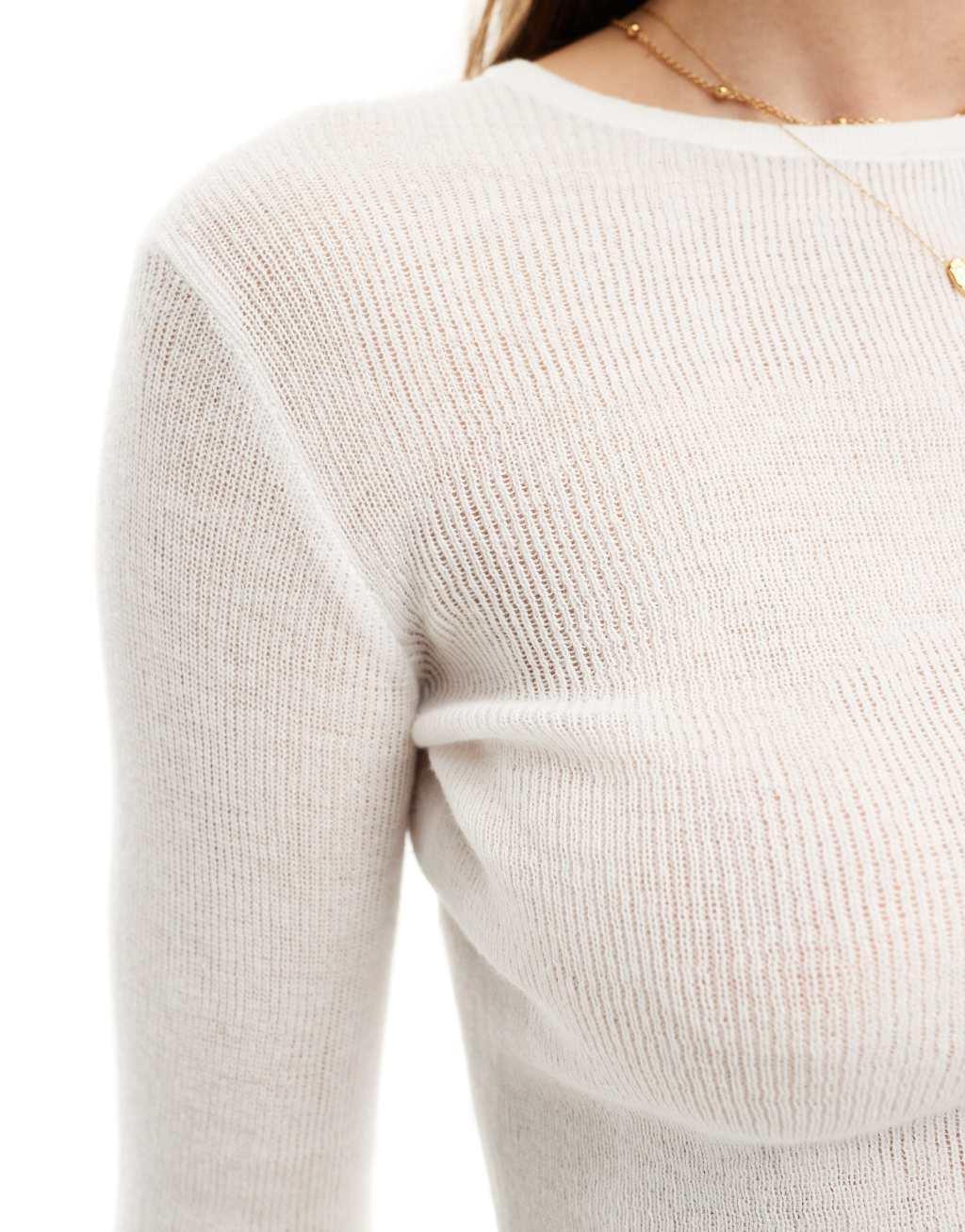 SNDYS semi sheer fine knit long sleeve top in white Product Image