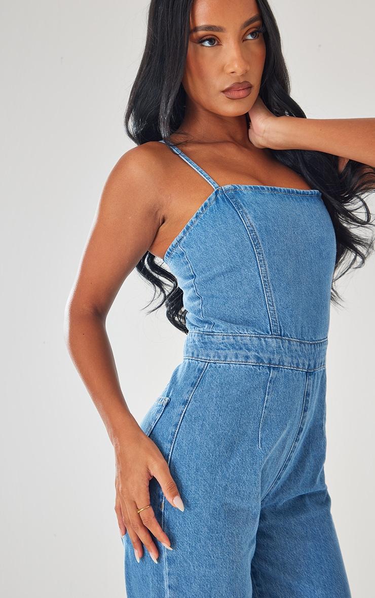 Mid Blue Wash Strappy Back Detail Denim Jumpsuit Product Image