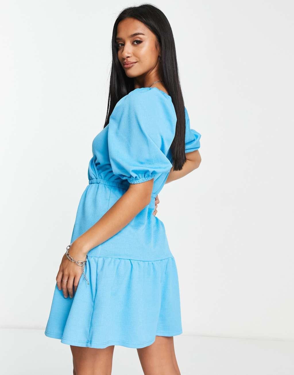 River Island Petite textured wrap mini dress in bright blue Product Image